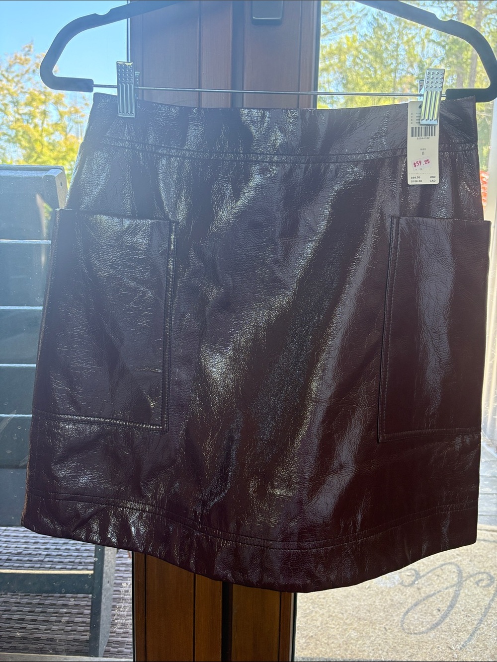 Maeve Burgundy Faux Leather Mini Skirt with Front Patch Pockets